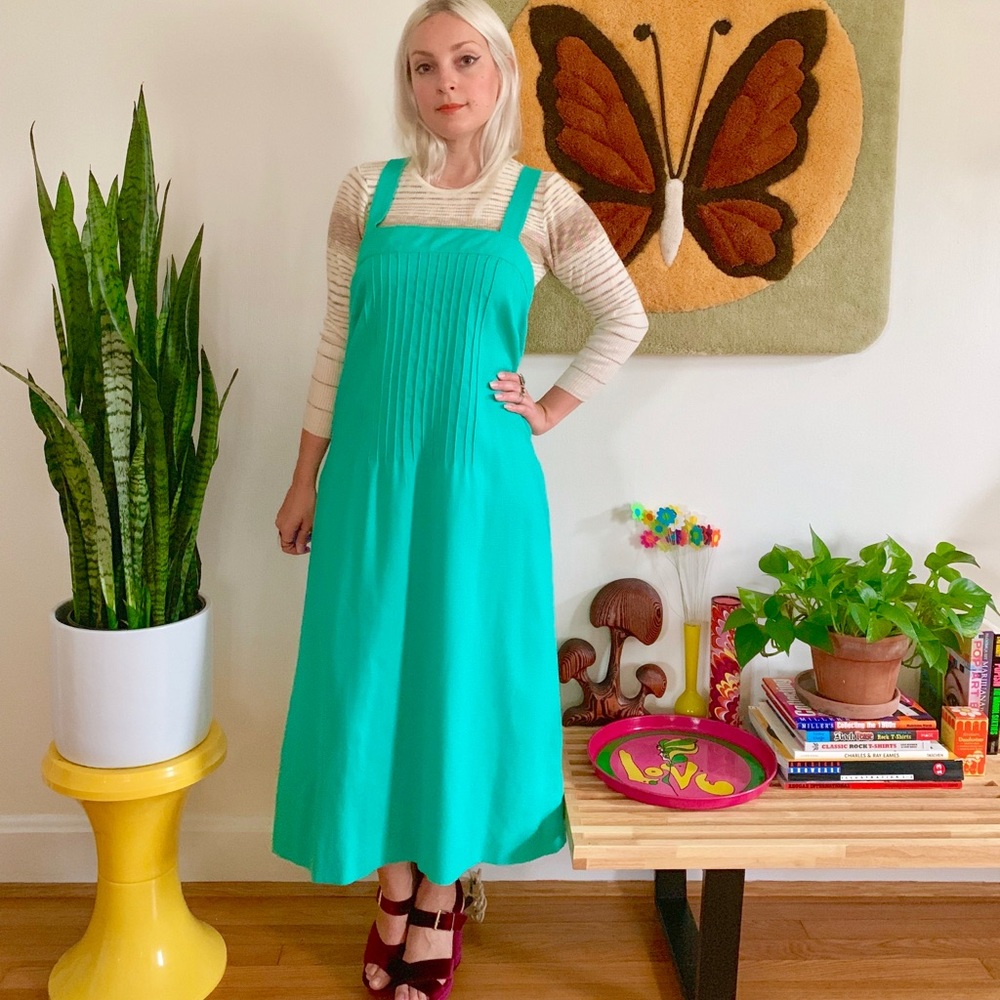 Vintage 1960s turquoise pinafore jumper dress S